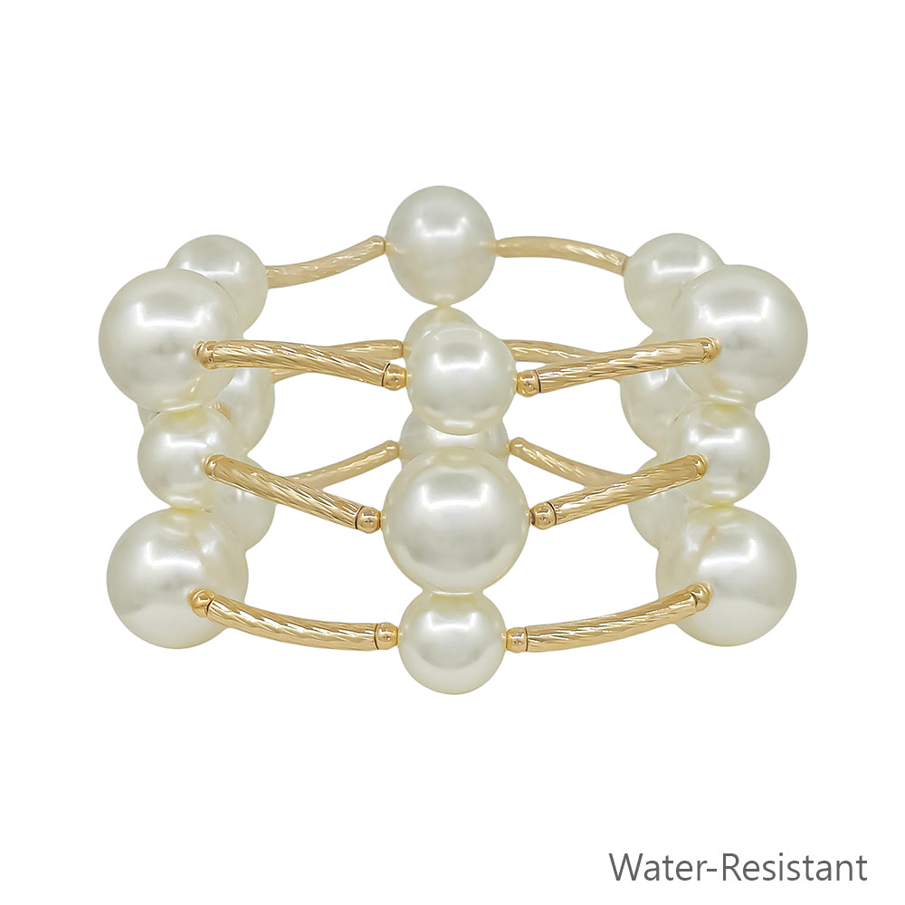 Water Resistant 16MM and 12MM Pearl Metal Bar Stretch Bracelet