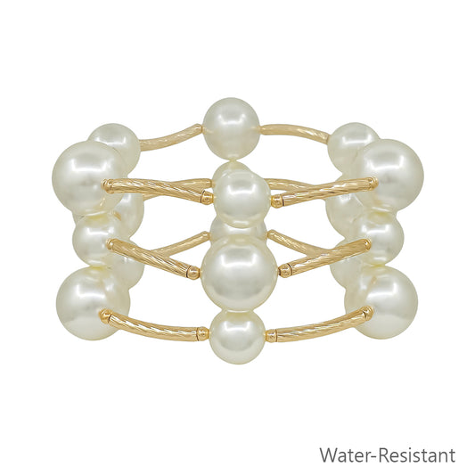 Water Resistant 16MM and 12MM Pearl Metal Bar Stretch Bracelet