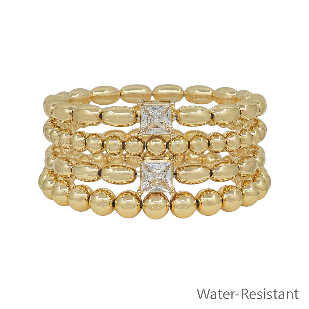 Water Resistant Gold Beaded with Square Rhinestone Set of 4 Stretch Bracelet