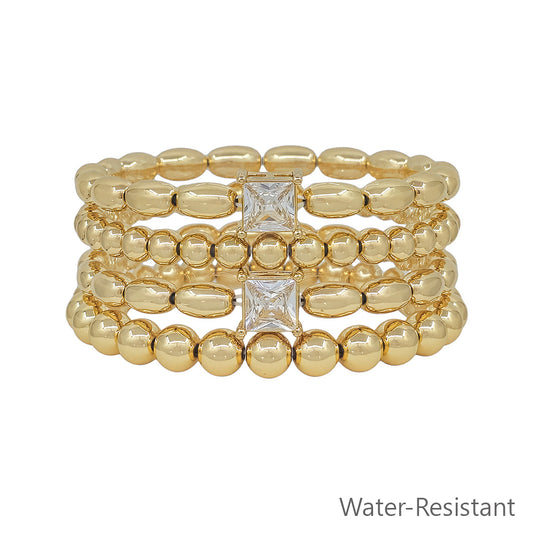 Water Resistant Gold Beaded with Square Rhinestone Set of 4 Stretch Bracelet