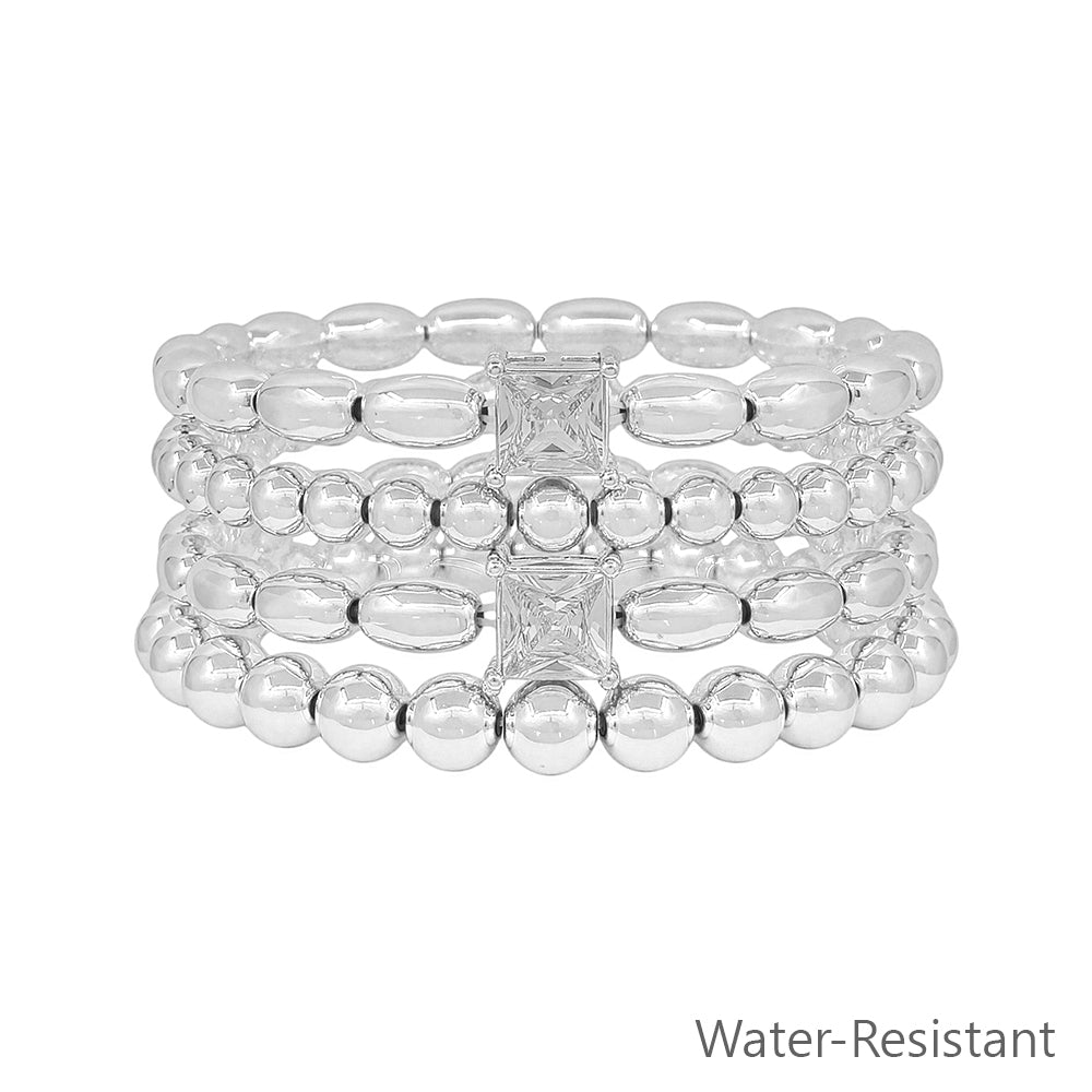 Water Resistant Silver Beaded with Square Rhinestone Set of 4 Stretch Bracelet