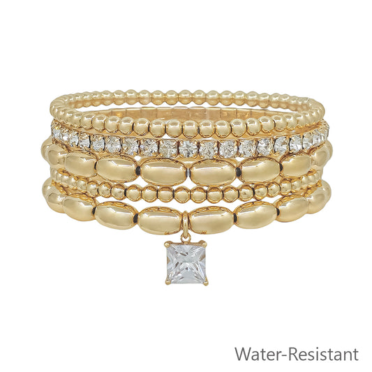 Water Resistant Gold Beaded with Square Rhinestone Drop Set of 4 Stretch Bracelet