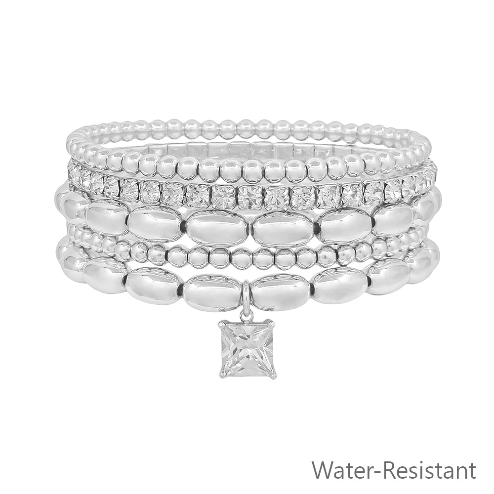 Water Resistant Silver Beaded with Square Rhinestone Drop Set of 4 Stretch Bracelet