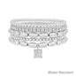 Water Resistant Silver Beaded with Square Rhinestone Drop Set of 4 Stretch Bracelet