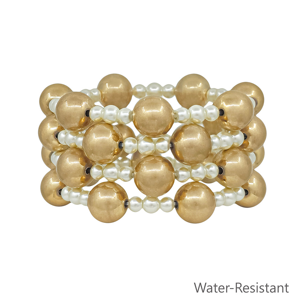Water Resistant 12MM Gold Ball and pearl Beaded Set of 4 Stretch Bracelet