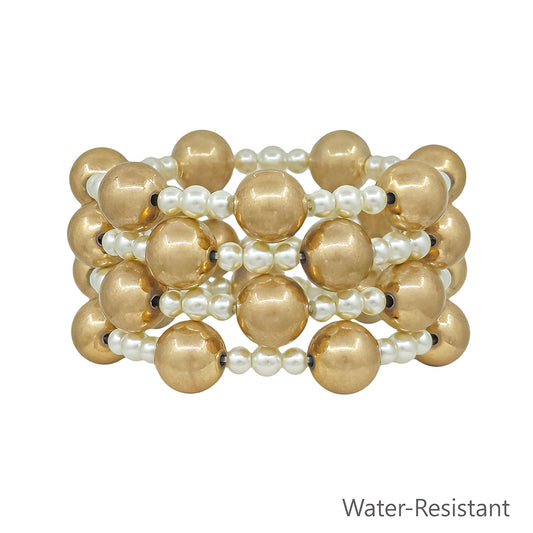Water Resistant 12MM Gold Ball and pearl Beaded Set of 4 Stretch Bracelet