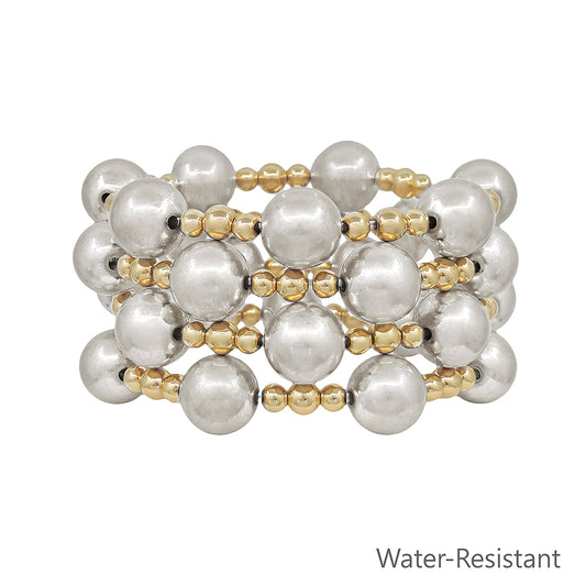 Water Resistant 12MM Silver and Gold Ball Beaded Set of 4 Stretch Bracelet