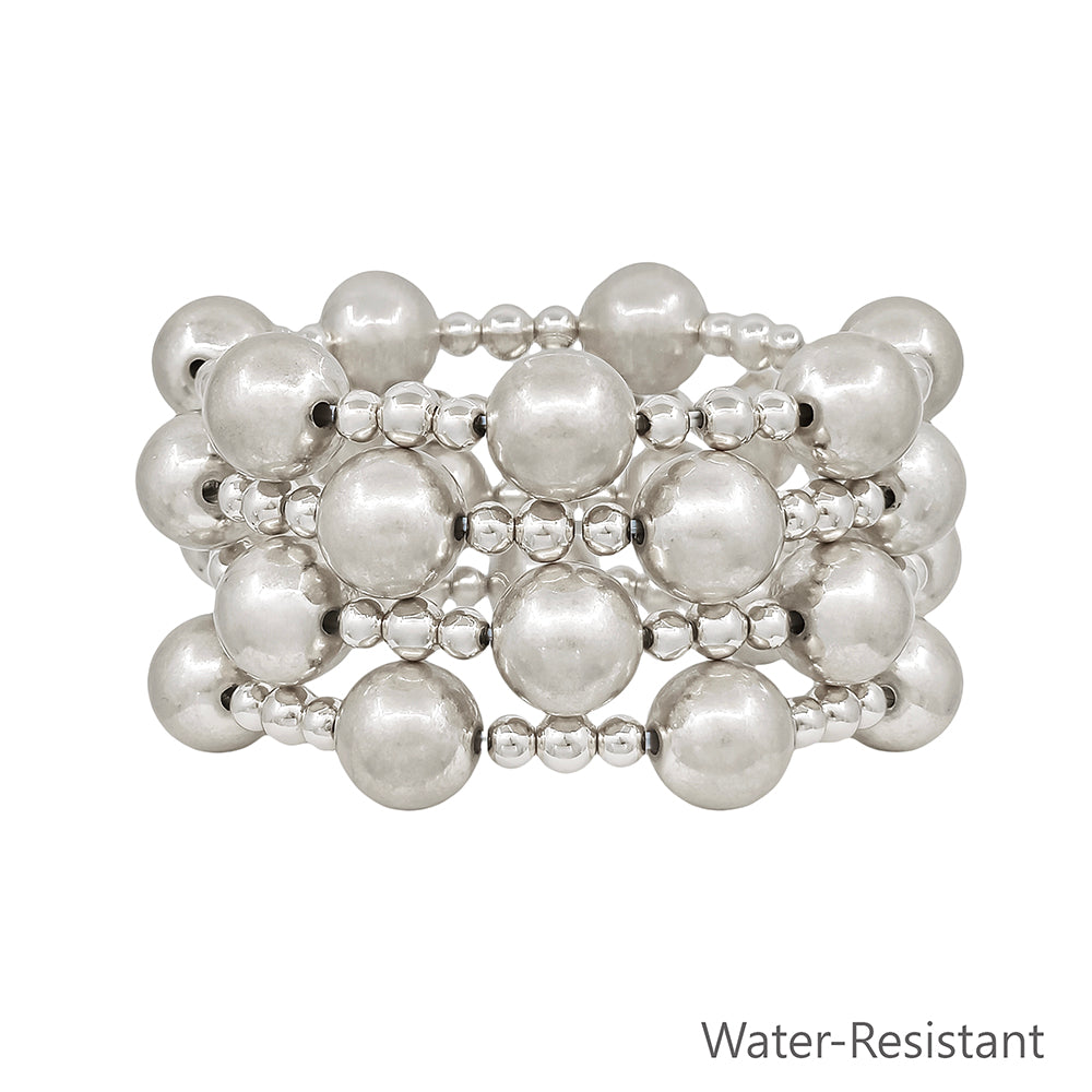 Water Resistant 12MM Silver Ball Beaded Set of 4 Stretch Bracelet