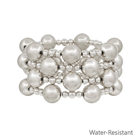 Water Resistant 12MM Silver Ball Beaded Set of 4 Stretch Bracelet