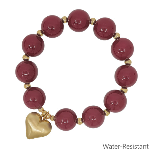 Matte Gold 16MM Maroon Beaded Stretch Bracelet