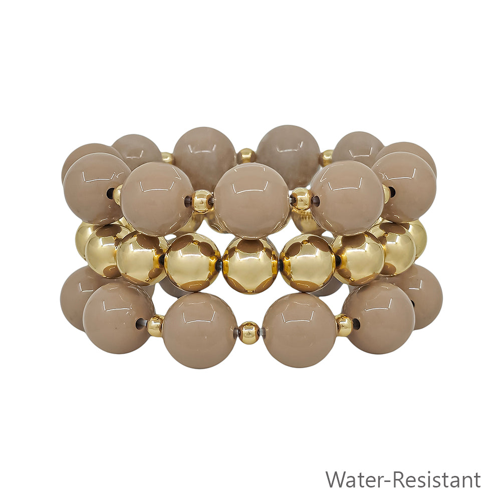 Water Resistant 14MM Beige and Gold Ball Beaded Stretch Bracelets
