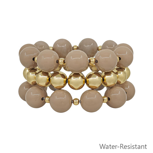 Water Resistant 14MM Beige and Gold Ball Beaded Stretch Bracelets