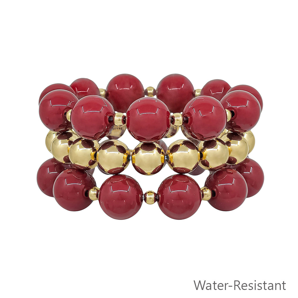 Water Resistant 14MM Maroon and Gold Ball Beaded Stretch Bracelets