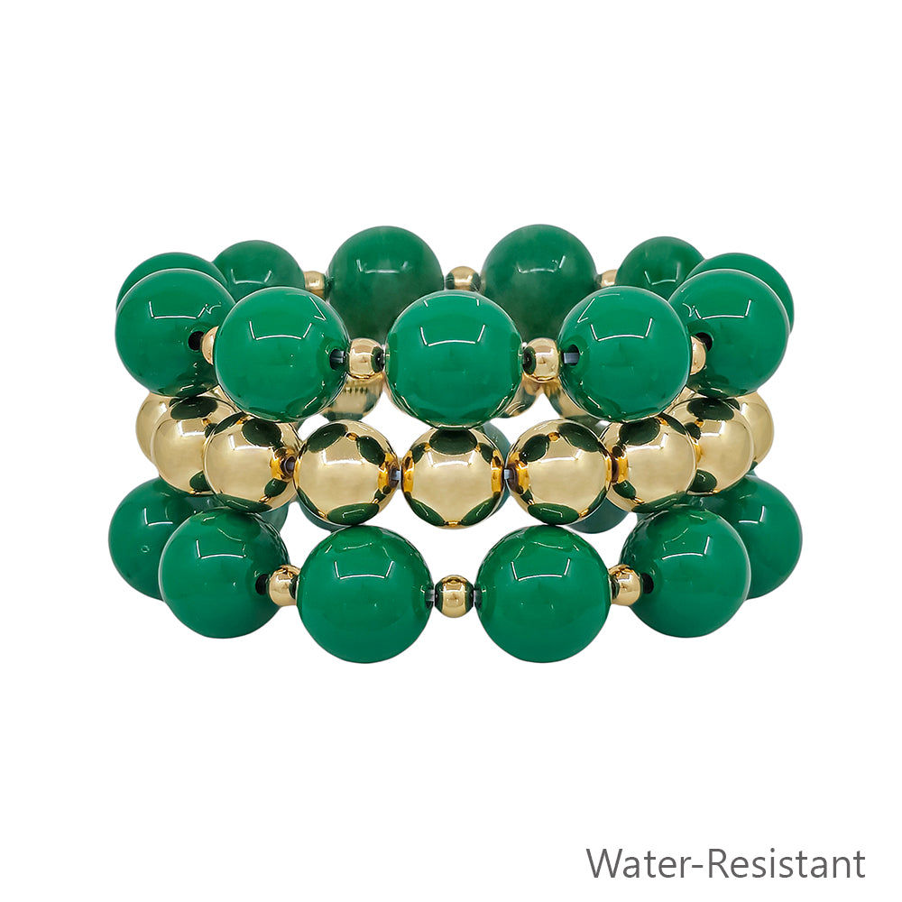 Water Resistant 14MM Green and Gold Ball Beaded Stretch Bracelets