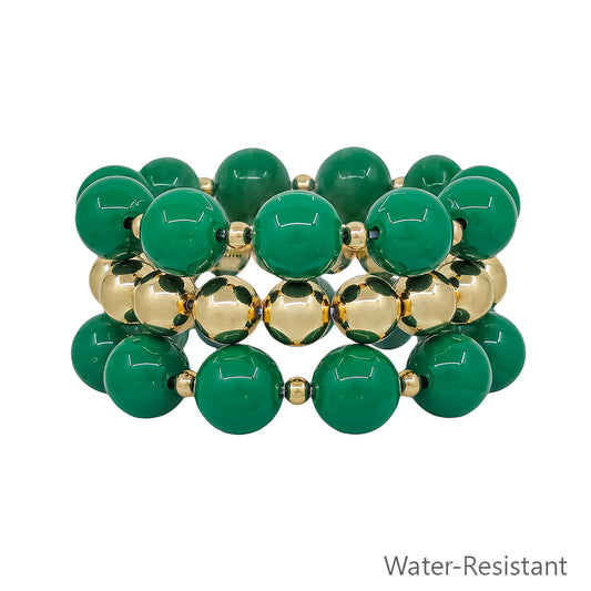 Water Resistant 14MM Green and Gold Ball Beaded Stretch Bracelets