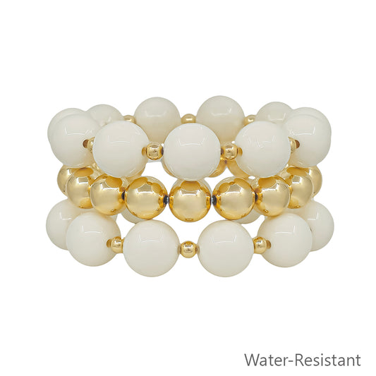 Water Resistant 14MM White and Gold Ball Beaded Stretch Bracelets