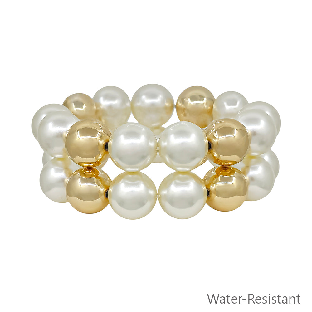 Water Resistant 16MM Pearl and Gold Ball Beaded Stretch Bracelets