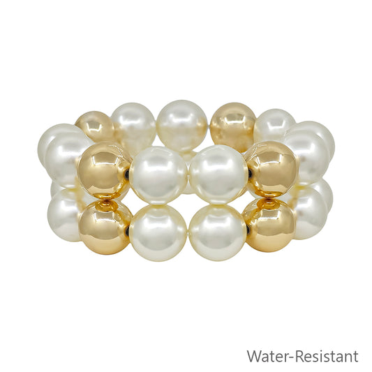 Water Resistant 16MM Pearl and Gold Ball Beaded Stretch Bracelets