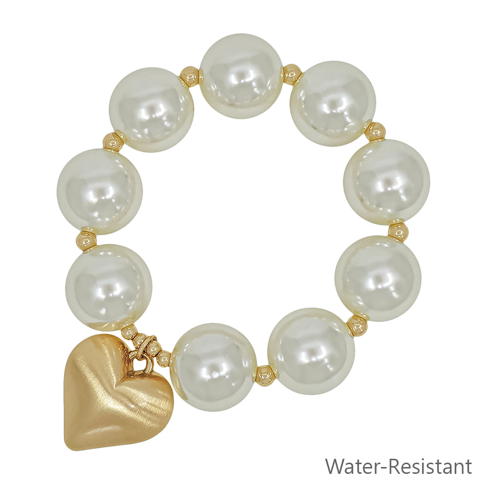 Water Resistant 20MM Pearl Beaded with Heart Charm Stretch Bracelets