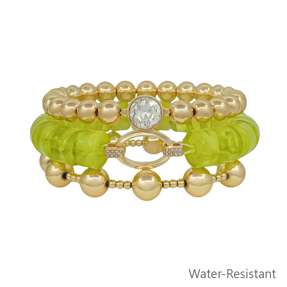 Water Resistant Set of 3 Olive Beaded and Gold Stretch Bracelets