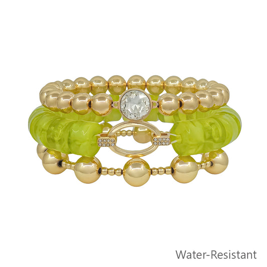 Water Resistant Set of 3 Olive Beaded and Gold Stretch Bracelets