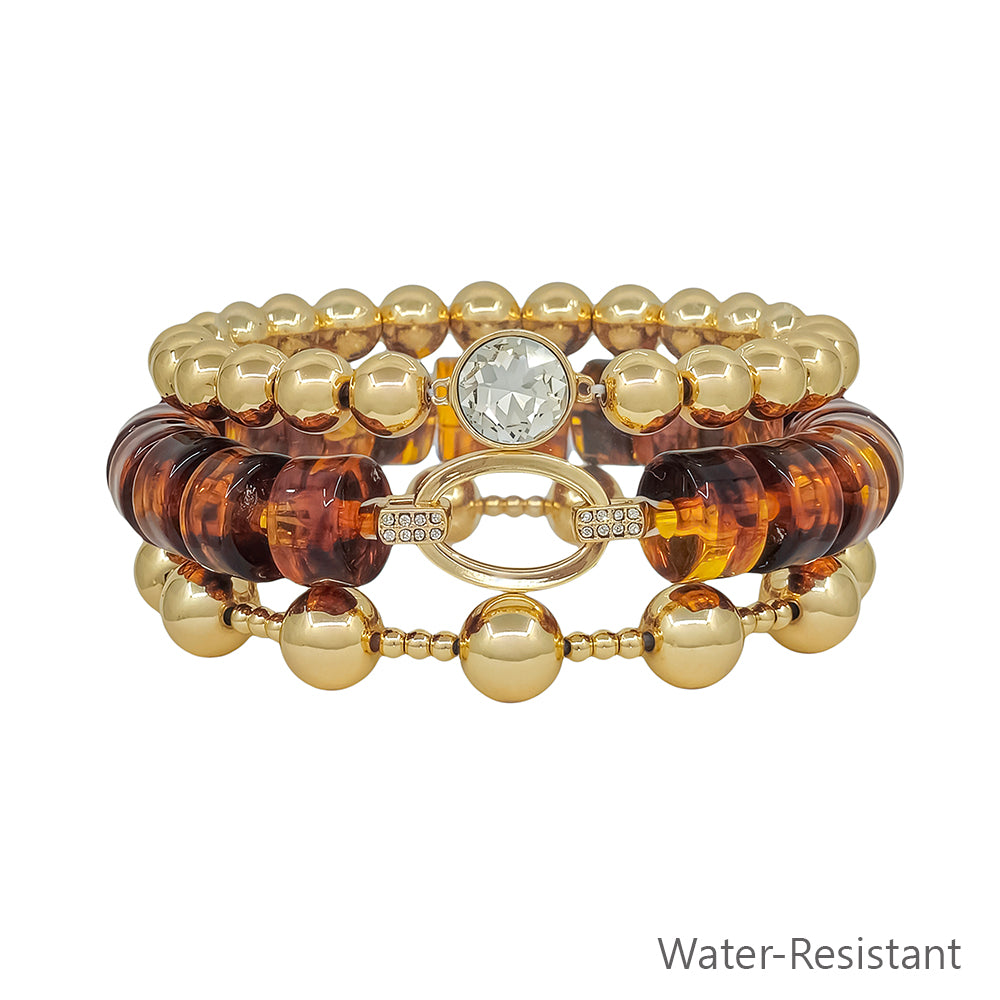 Water Resistant Set of 3 Brown Beaded and Gold Stretch Bracelets