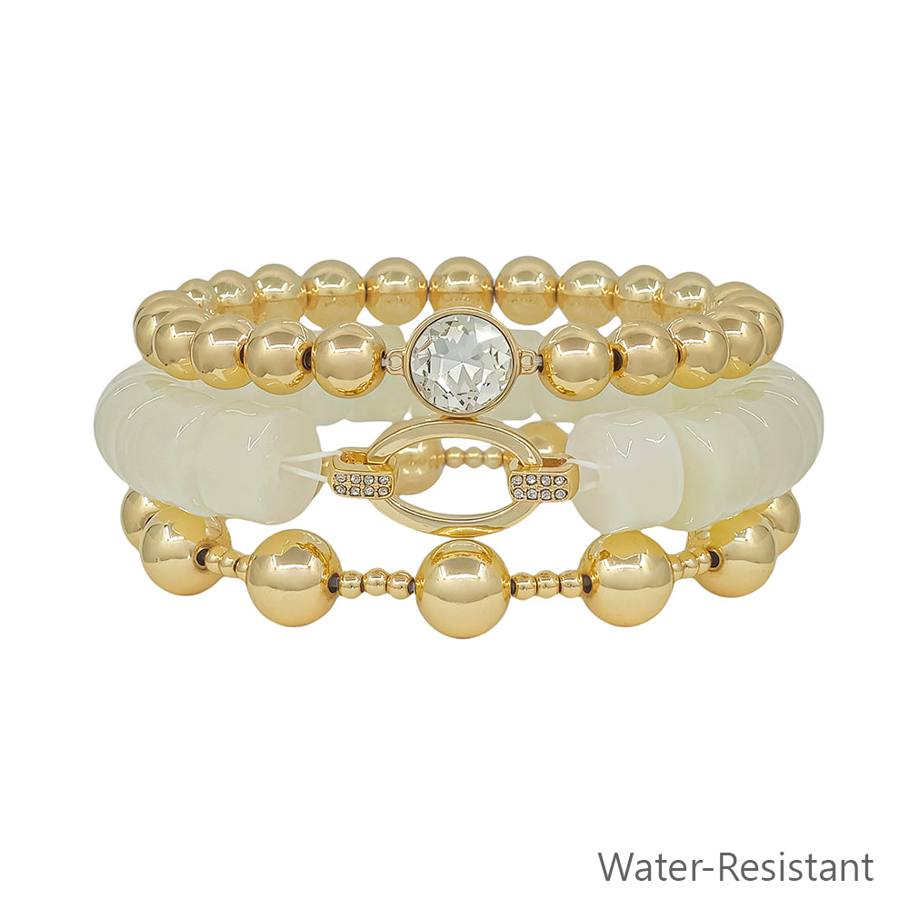 Water Resistant Set of 3 White Beaded and Gold Stretch Bracelets