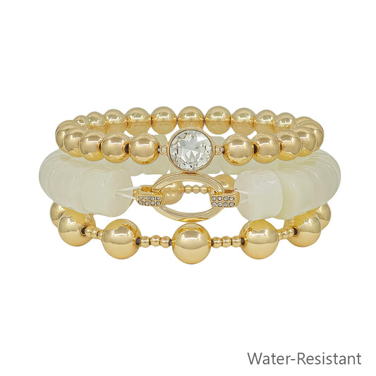 Water Resistant Set of 3 White Beaded and Gold Stretch Bracelets