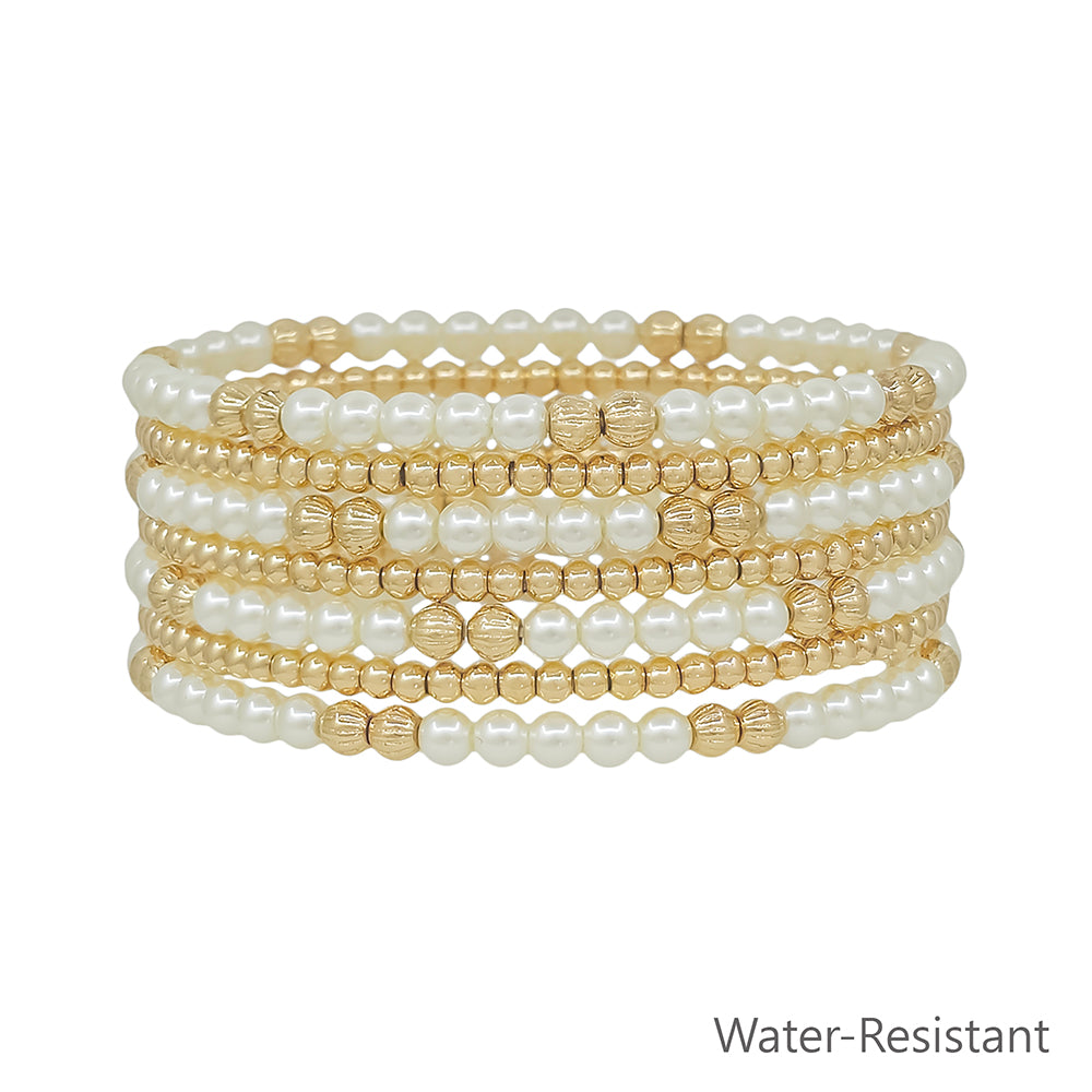 Water Resistant Set of 7 Gold and Pearl 4MM Stretch Bracelets