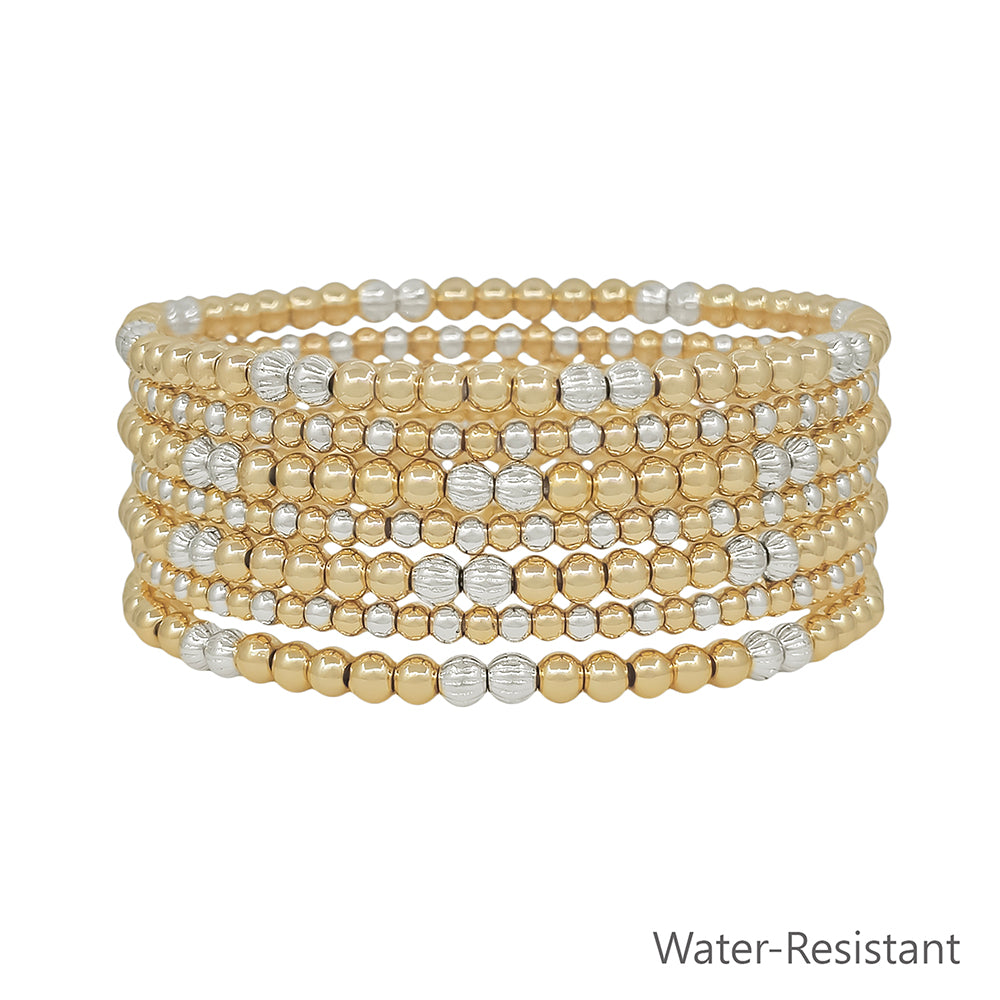 Water Resistant Set of 7 Gold and Silver 4MM and 2MM Stretch Bracelets