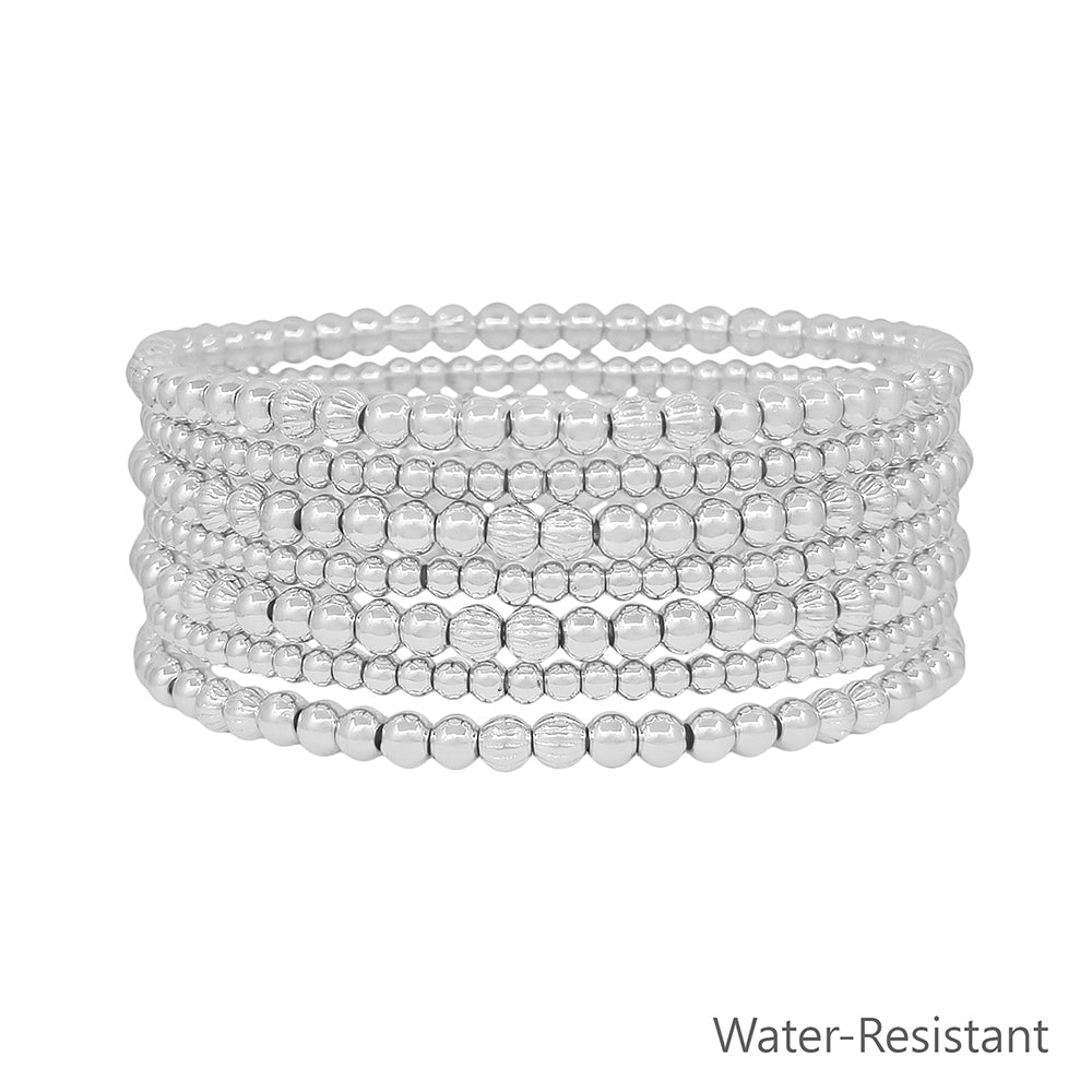 Water Resistant Set of 7 Silver 4MM and 2MM Stretch Bracelets