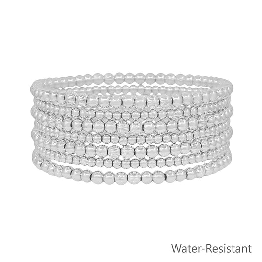 Water Resistant Set of 7 Silver 4MM and 2MM Stretch Bracelets