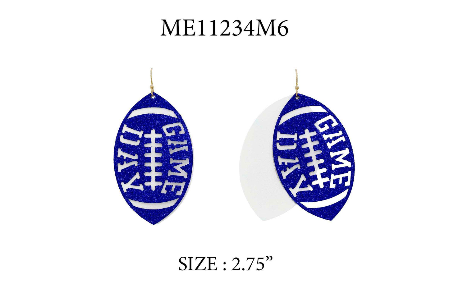 White Metal and Blue Glitter Gameday Football 2" Earrings