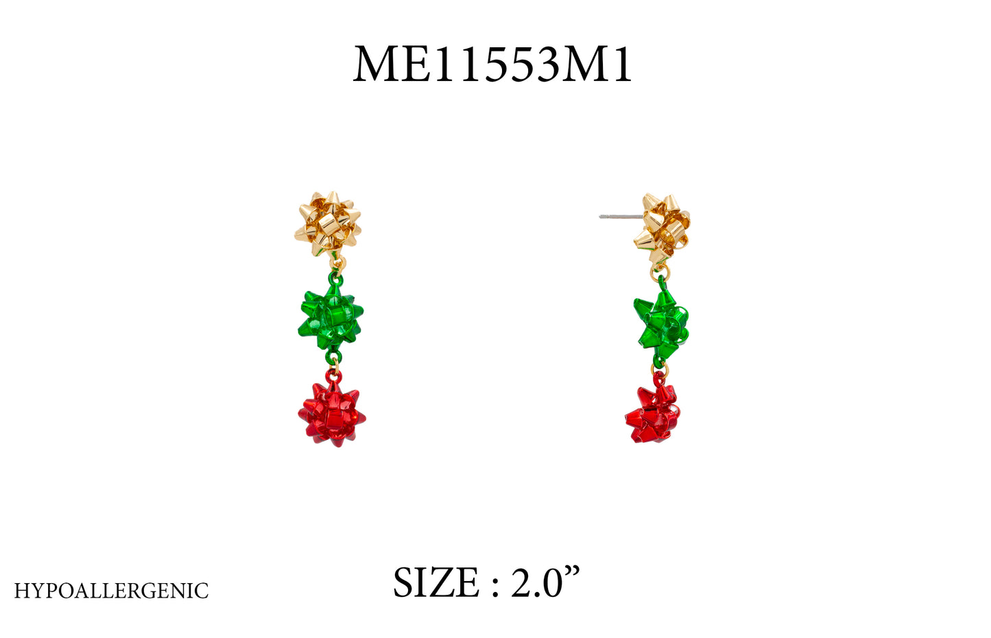 Red, Green, and Gold Bow Set of Three Earrings