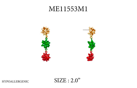 Red, Green, and Gold Bow Set of Three Earrings
