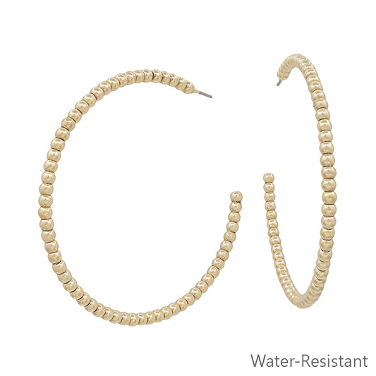 Water Resistant Thin Gold Beaded 2" Hoop Earring