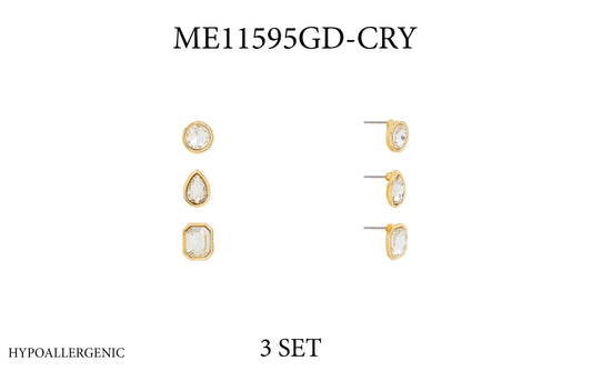 Hypo Allergenic Set of 3 Circle, Teardrop, and Rectangle Stud Crystal Earrings