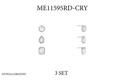 Hypo Allergenic Set of 3 Silver Circle, Teardrop, and Rectangle Stud Crystal Earrings