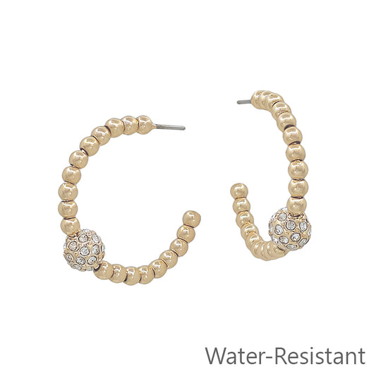 Water Resistant Gold Beaded with Crystal Beaded Accent 1" Hoop Earring