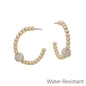 Water Resistant Gold Beaded with Crystal Beaded Accent 1" Hoop Earring