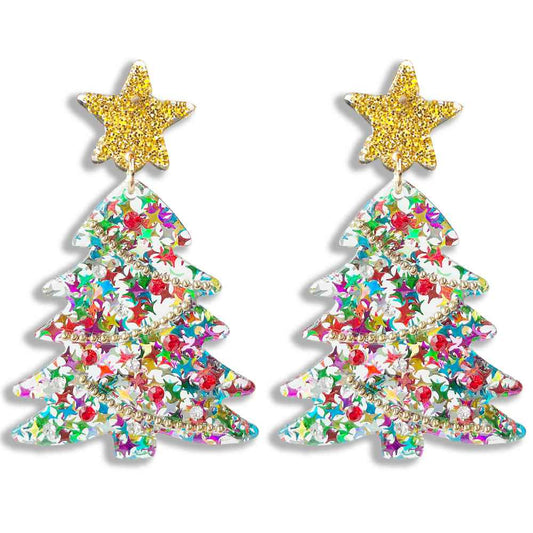 Clear Acrylic with Multi Color Accents Christmas Tree 2.5" Earring