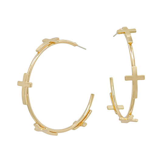 Gold Multi Cross 2" Hoop Earring