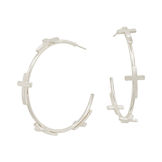 Silver Multi Cross 2" Hoop Earring