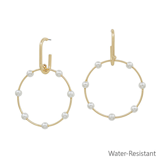 Water Resistant Gold Hoop with Pearl Beaded Accents 2" Earring