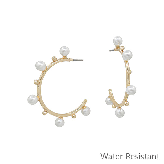 Water Resistant Hoop with Pearl and Gold Accents 1" Earring