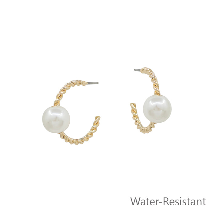 Water Resistant Textured Gold Hoop with Pearl Accent .75" Earring