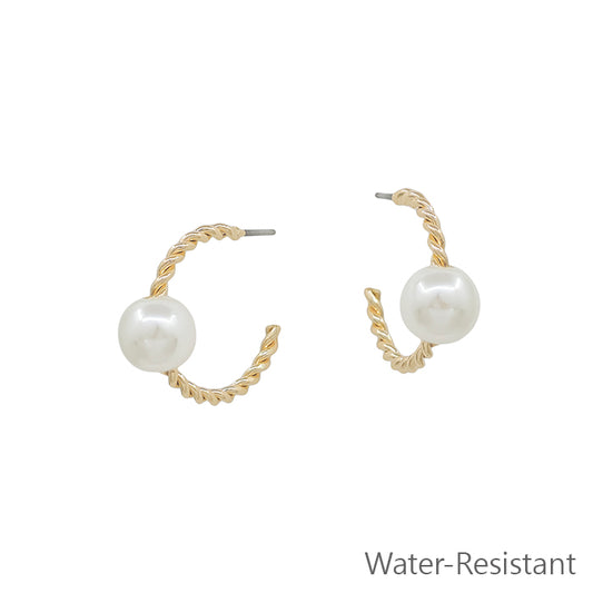 Water Resistant Textured Gold Hoop with Pearl Accent .75" Earring