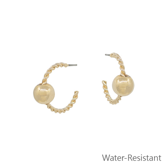 Water Resistant Textured Gold Hoop with Gold Beaded Accent .75" Earring