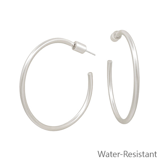 Thin (2MM) Water Resistant Matte Silver Hoop with Cylinder Back Closure Earring