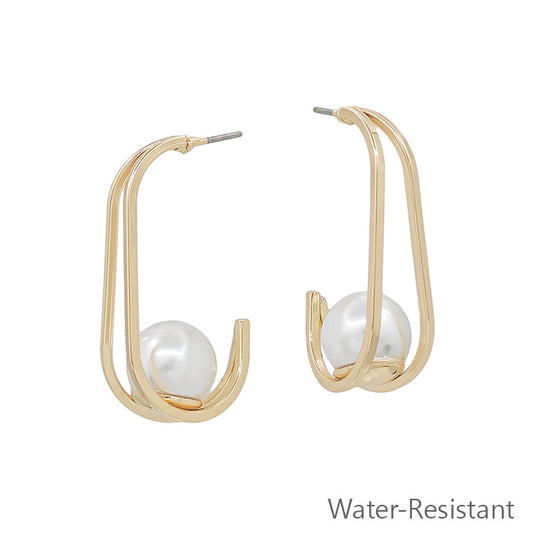 Gold Geometric Hoop with Pearl Accent 1.25" Earring